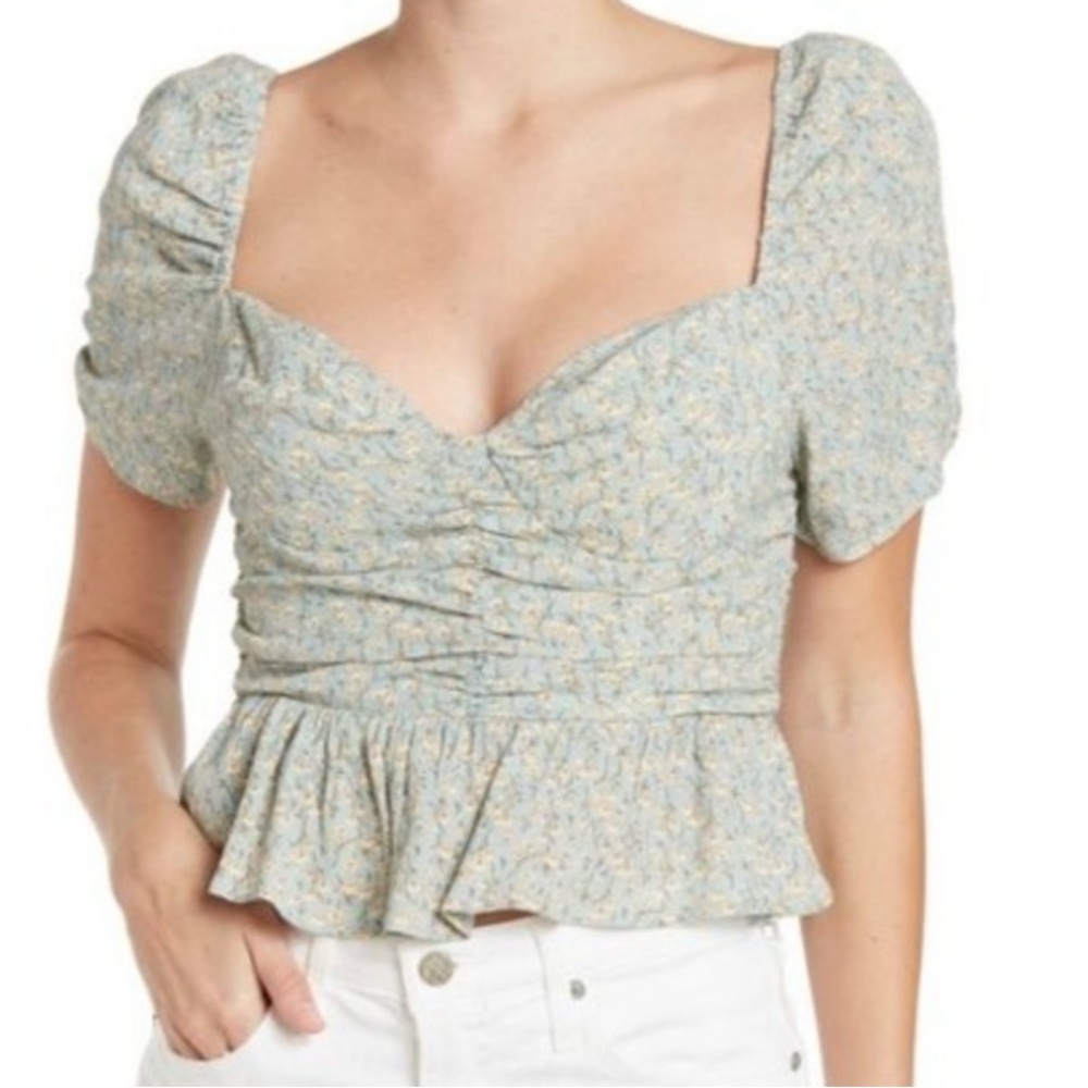 ASTR The Label Cropped Peplum Top Dusty Blue Ditsy Floral Puff Sleeve Large NWOT